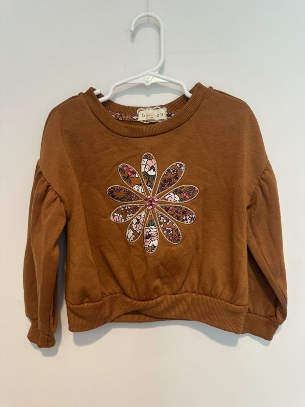 Btween Toddler crewneck sweatshirt with flower applique, Size 4T, Brown, Rust